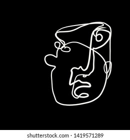 Abstract one line face, black and white simple hand drawn, continuous linear contemporary art 