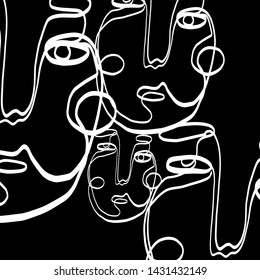 abstract one line face contemporary composition, black and white simple textures with modern portrait human, surreal minimalistic outline person