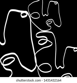 abstract one line face contemporary composition, black and white simple textures with modern portrait human, surreal minimalistic outline person