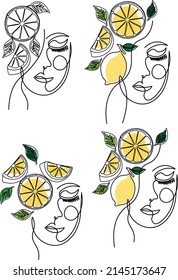 Abstract one line face with lemon and lime slices, abstract face one line art, single line face 