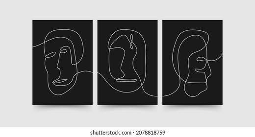 Resumen de una línea de la decoración de la pared de retratos de la cara. Caras abstractas de línea continua sobre fondo negro. Decoración minimalista de arte en la pared, afiche, arte de impresión, imagen modular. Diseño de vectores.