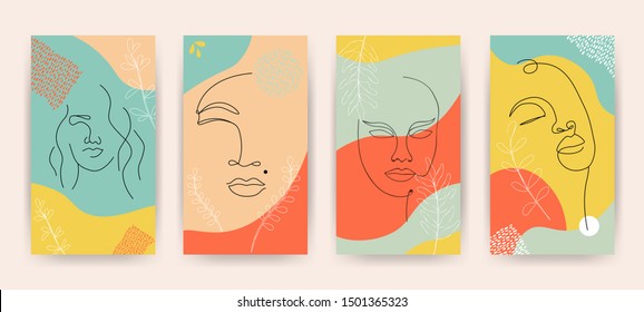 Abstract one line face posters. Contemporary continuous linear art woman portrait minimalist boho style for wall art, stories, print. Vector decor