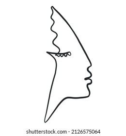 Abstract one line face. Trendy minimalism art. Contemporary drawing. Linear portrait style. Simple face. Logo design. Print for clothes, poster. 