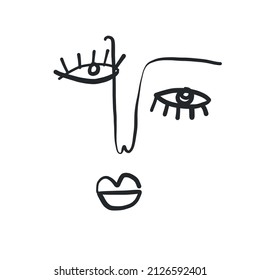 Abstract one line face. Trendy minimalism art. Contemporary drawing. Linear portrait style. Simple face. Logo design. Print for clothes, poster. 