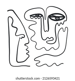 Abstract one line faces. Trendy minimalism art. Contemporary drawing. Linear portrait style. Simple face. Logo design. Print for clothes, poster. 