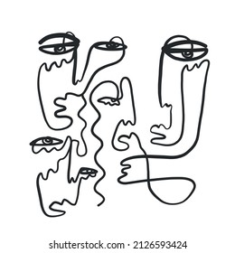 Abstract one line faces. Trendy minimalism art. Contemporary drawing. Linear portrait style. Simple face. Logo design. Print for clothes, poster. 