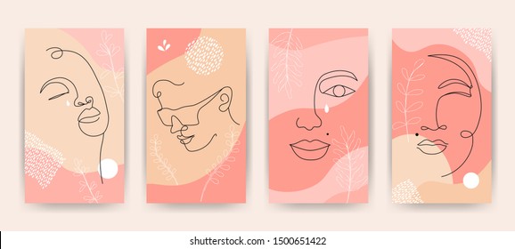 Abstract one line female faces. Poster set social media stories contemporary boho style, continuous minimalist liner art woman portrait. Feminine vector illustration