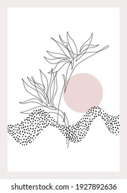 Abstract one line flower drawing on minimal wavy line background. Elegant tropical floral vector illustration for minimalist print, cover, boho decor, organic poster, pillow case design. Trendy art