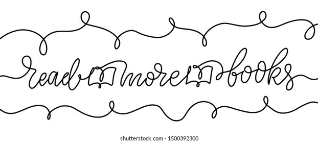 Abstract one line lettering banner - read more books for poster or web design. Handwritten letters. Typography funny quote. Vector illustration