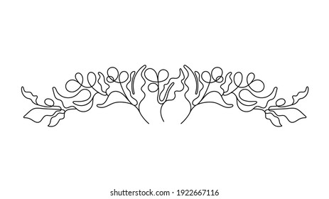 Abstract one line nature border. Vector botanical pattern. Coffee plantation, bean, leaves, berry. Art decorative symbol isolated on white background. Ornate simple frame