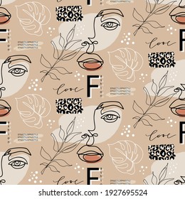 Resumen de un patrón sin fisuras. Fondo de contorno continuo con caras femeninas. Contorsión estética moderna de la mujer. Impresión de moda. Diseño imprimible estilizado en boceto, estilo doodle. Textura surrealista.