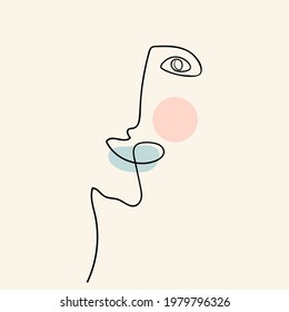 Abstract one line surreal face portrait. Vector illustration. Simple human head sketch. Digitally created drawing in minimalist style. 
