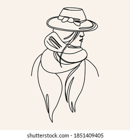 Abstract one line woman. A girl in a hat contour drawing. Organic and geometric shapes backgroud. Modern minimal art illustration. Elegant continuous line poster.