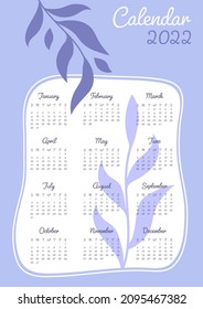 Abstrakt eine Seite Wandkalender 2022 im A4-Format. Die Woche beginnt am Sonntag. Bearbeitbare vertikale Kalendervorlagen in trendigen, sehr violetten Farben. Vektorgrafik.