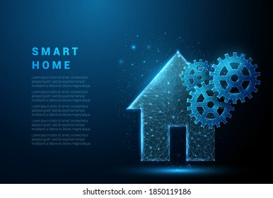 Abstract one storey country house with cogwheels. Low poly style design. Abstract geometric background. Wireframe light connection structure. Modern 3d graphic concept. Isolated vector illustration.