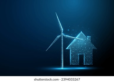 Abstract one storey country house with wind turbine. Renewable power generation Green energy concept. Low poly style. Geometric background. Wireframe light structure Modern 3d graphic concept. Vector