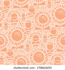 Abstract one-color sunflowers seamless pattern. Vector illustration flower tile motif. Simple silhouette floral rapport inn vintage 60s vibes. 
