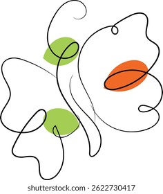 Abstract one-line butterfly drawing with green and orange accents.