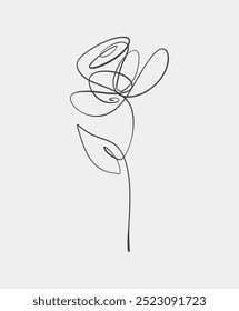 Abstract one-line drawing of a rose, featuring a minimalist and fluid design with continuous loops and organic shapes.