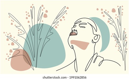 Abstract one-line drawing of a tropical palm tree and a female image. Contour drawing. Minimal artistic sketch of ladies and leaves on a background of geometric shapes. Modern color illustration.