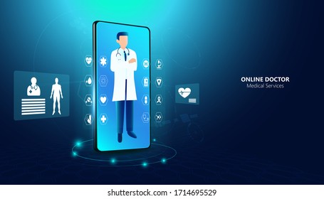 Abstract Online Doctor & Medical Services concept The current health care industry that has access to the internet And the online world Helping people gain access to treatment. Online.