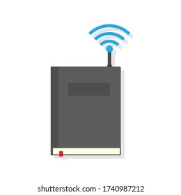 abstract online learning concept, text book with WIFI icon flat vector design isolated on white background,e-learning, study at home or everywhere.