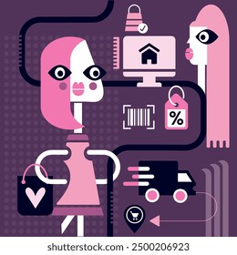 Abstract online shopping concept. Flat illustration. Shopping story with women, delivery van, and computer. Pink and purple color combination.