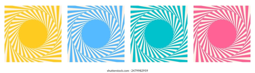 Conjunto de Vector de fondo de arte Abstractas. Plantilla de diseño de verano con ilusión de movimiento de torbellino en un marco circular.