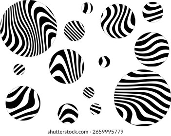 Abstract op art design with wavy black and white lines inside circles on a white background. Geometric modern composition perfect for prints, textiles, posters, and digital design.