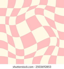 Abstract Op Art Mosaic Backdrop. Pink and White Distorted Checkered Pattern. Optical Illusion Background. 