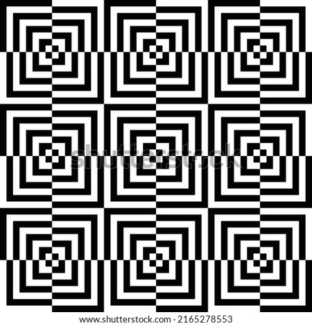 Abstract op art seamless pattern. Decorative black and white optical illusion texture background. 3D illusion. Vector illustration.