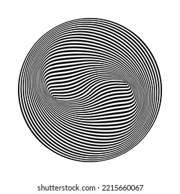 Abstract Op Art Wavy Lines Circle Pattern with 3D Illusion and Torsion Effect. Vector Illustration.