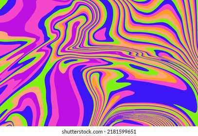 Abstract Op-art Trippy Background With Warped Colorful Lines. Trippy 70s Style Illustration.