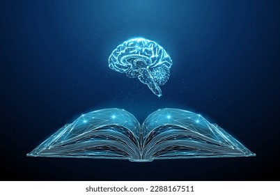 Resumen libro abierto con cerebro azul. Diseño de bajo estilo polaco. Fondo geométrico abstracto. Estructura de conexión de la luz del bastidor acústico. Concepto gráfico 3d moderno. Ilustración vectorial aislada.