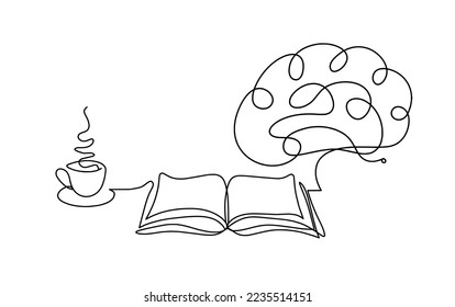 Abstract open book with brain as line drawing on white background. Vector