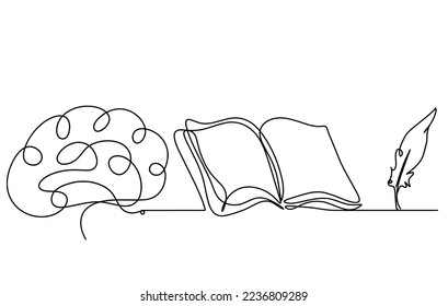 Abstract open book with brain as line drawing on white background. Vector