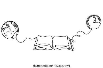 Abstract open book with clock as line drawing on white background. Vector