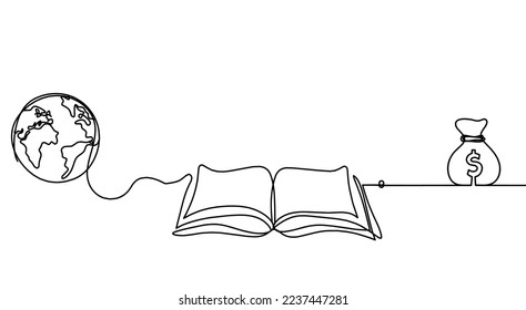 Abstract open book with dollar as line drawing on white background. Vector