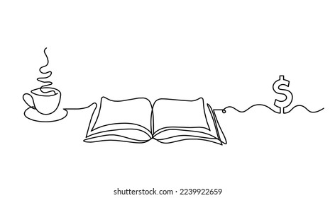 Abstract open book with dollar as line drawing on white background. Vector