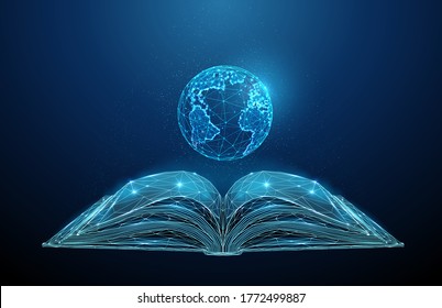 Abstract open  book with Earth planet. Low poly style design. Abstract geometric background. Wireframe light connection structure. Modern 3d graphic concept. Isolated vector illustration.