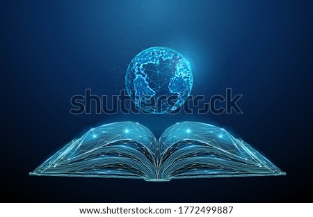 Abstract open  book with Earth planet. Low poly style design. Abstract geometric background. Wireframe light connection structure. Modern 3d graphic concept. Isolated vector illustration.