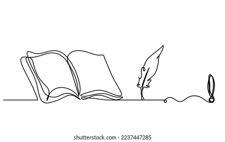 Abstract open book with exclamation mark as line drawing on white background. Vector