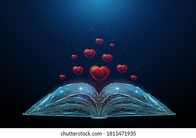 Abstract open book with flying hearts. Low poly style design. Abstract geometric background. Wireframe light connection structure. Modern 3d graphic. Isolated vector illustration.