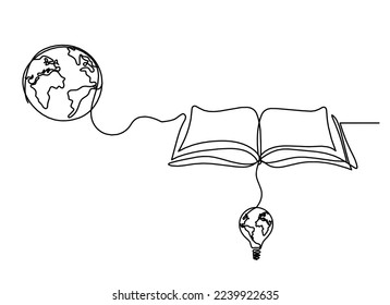 Abstract open book with globe light bulb as line drawing on white background. Vector