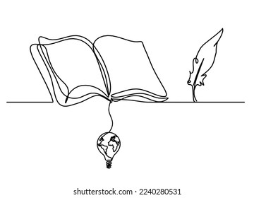 Abstract open book with globe light bulb as line drawing on white background. Vector
