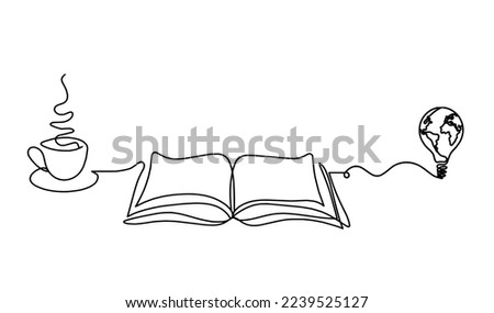 Abstract open book with globe light bulb as line drawing on white background. Vector