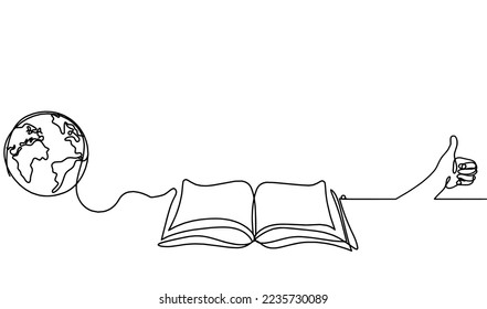 Abstract open book with hand as line drawing on white background. Vector