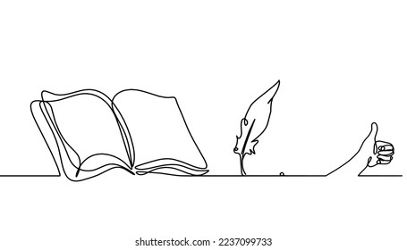 Abstract open book with hand as line drawing on white background. Vector