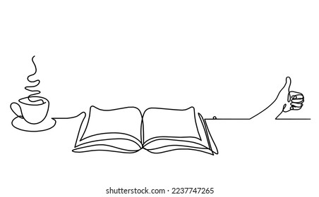 Abstract open book with hand as line drawing on white background. Vector