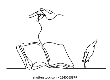 Resumen libro abierto con la mano como dibujo de línea sobre fondo blanco. Vector